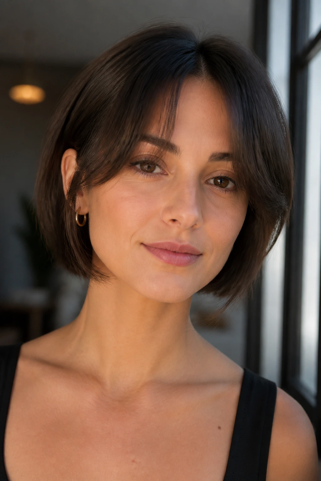Close-up portrait of a woman with curtain bangs softly framing her face.