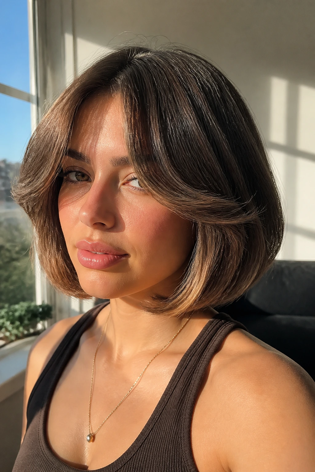 Close-up of a real woman with curtain bangs and a bob in a sunlit room