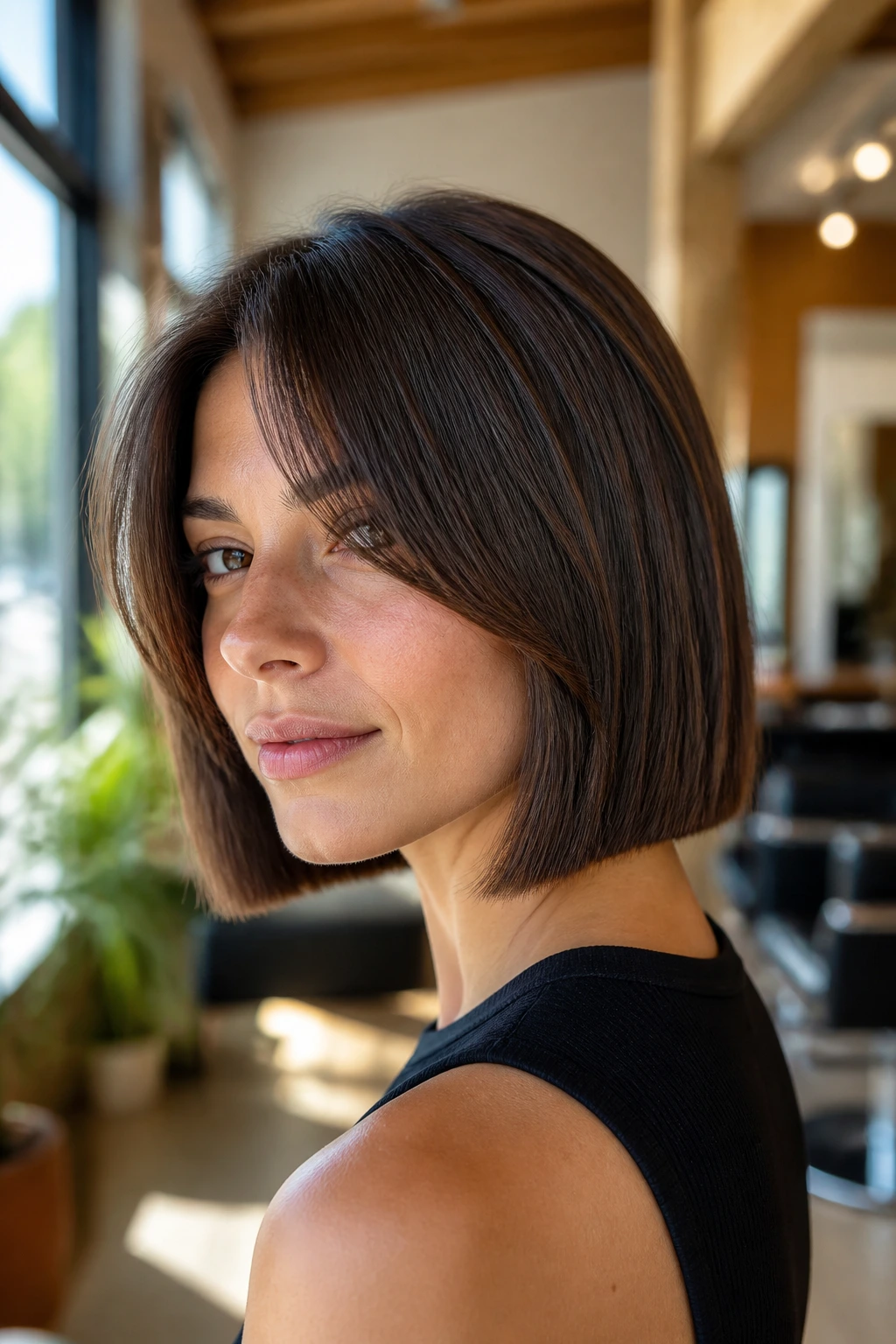 Close-up portrait of a real woman with curtain bangs and straight back length in a sunlit salon