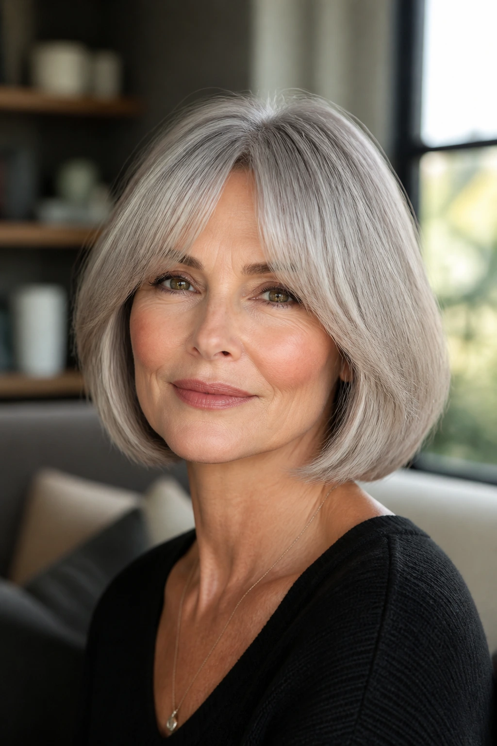 Close-up portrait of a real person with a silver curtain bang bob, soft window light