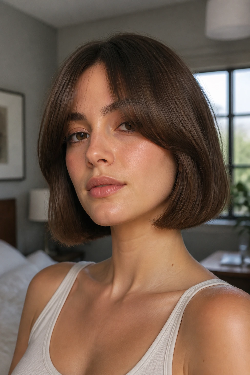 Close-up portrait of a real woman with Curtain-Bang Bob, curtain bangs framing eyes