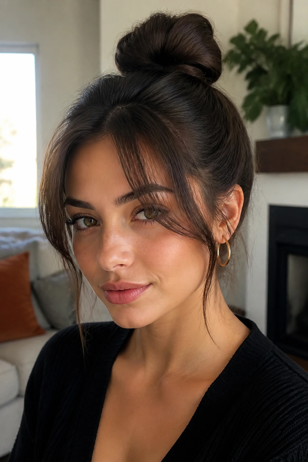 Close-up of a real woman with curtain bangs and high bun