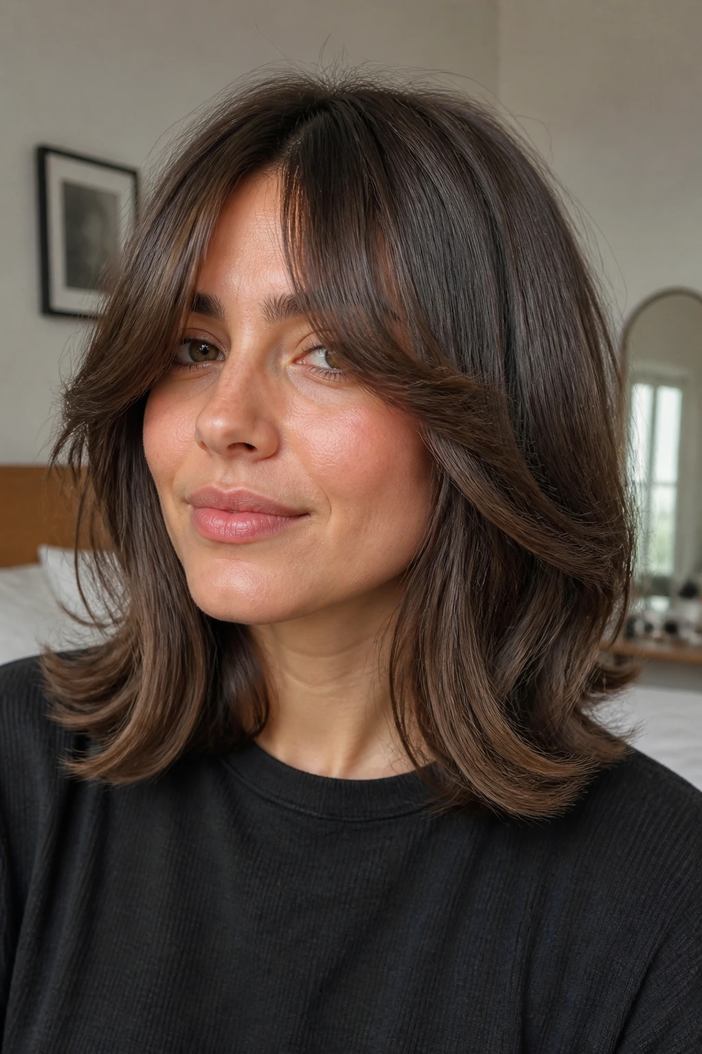 Close-up of a real woman with curtain-bang butterfly lob hairstyle
