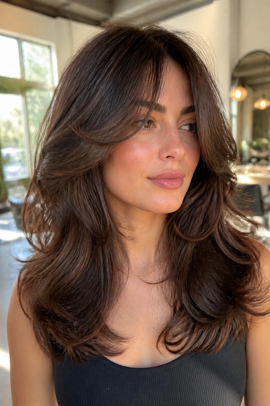 Close-up of real person with curtain-bang butterfly shag on thick hair in a sunlit salon