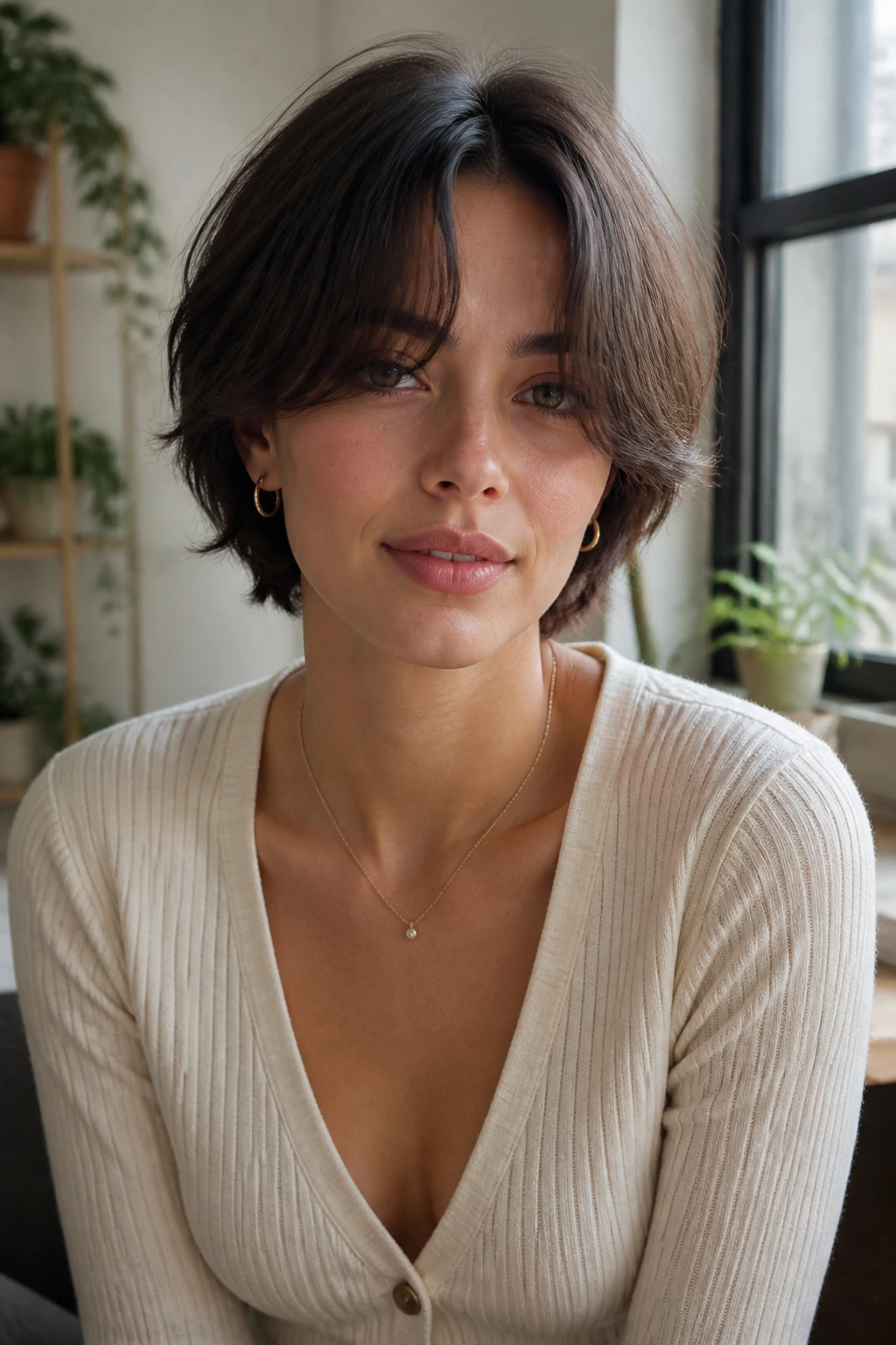 Close-up of real person with curtain-bang crop hairstyle in a cozy room