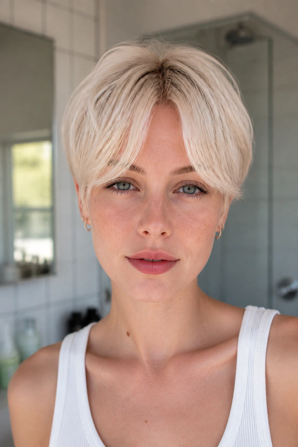 Portrait of a pale-skinned model with curtain bangs crop