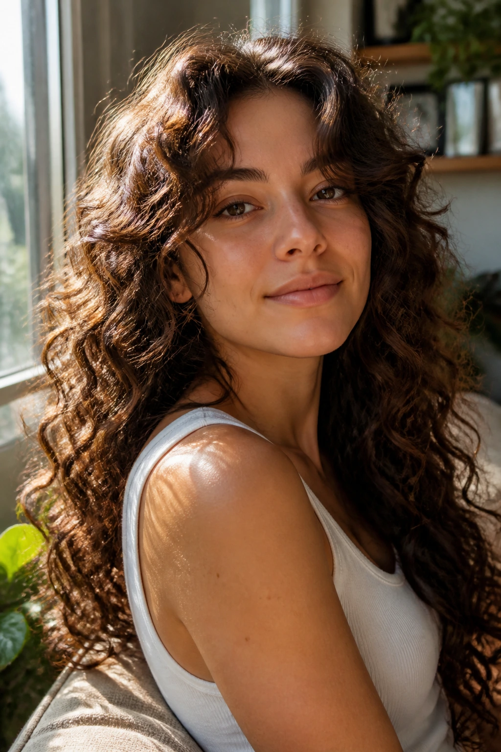 Close-up of a real woman with curtain-bang curl sweep hairstyle