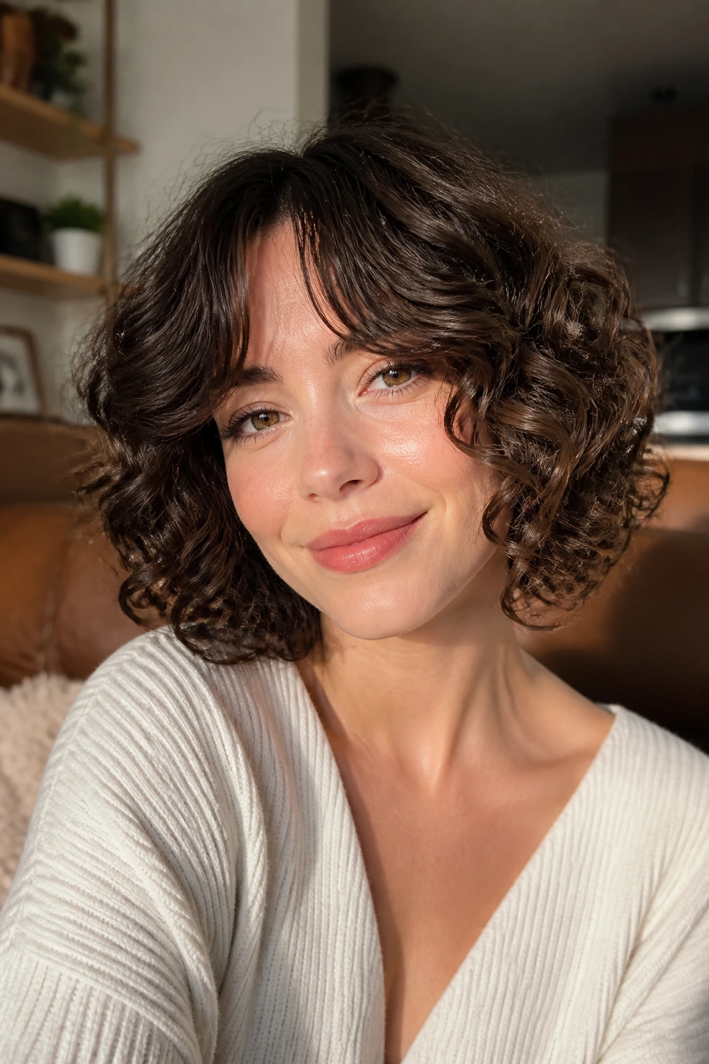 Close-up of a real woman with curtain bangs blended into a curly bob