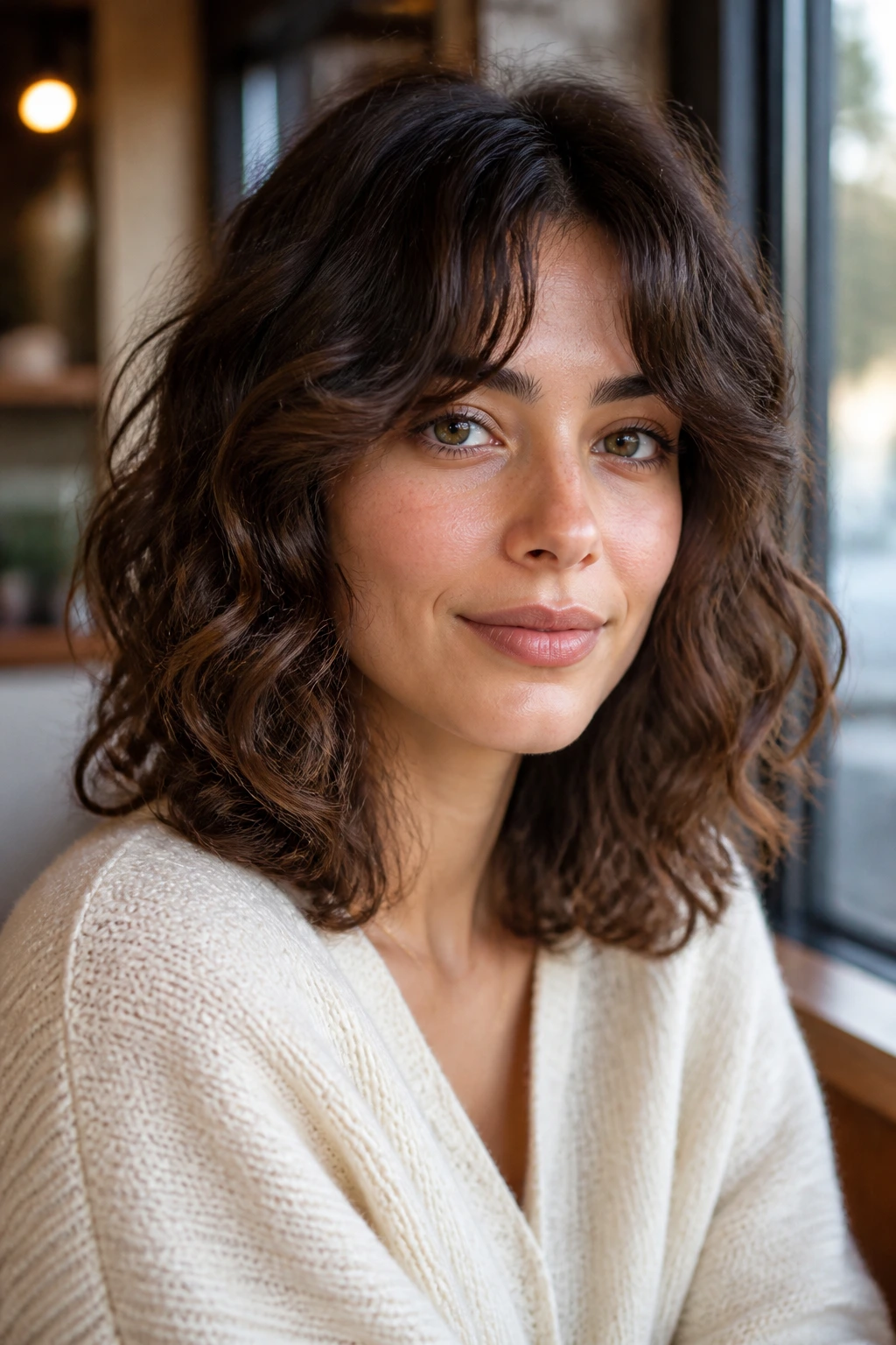 Real woman with curtain bangs on curly lob in cafe setting