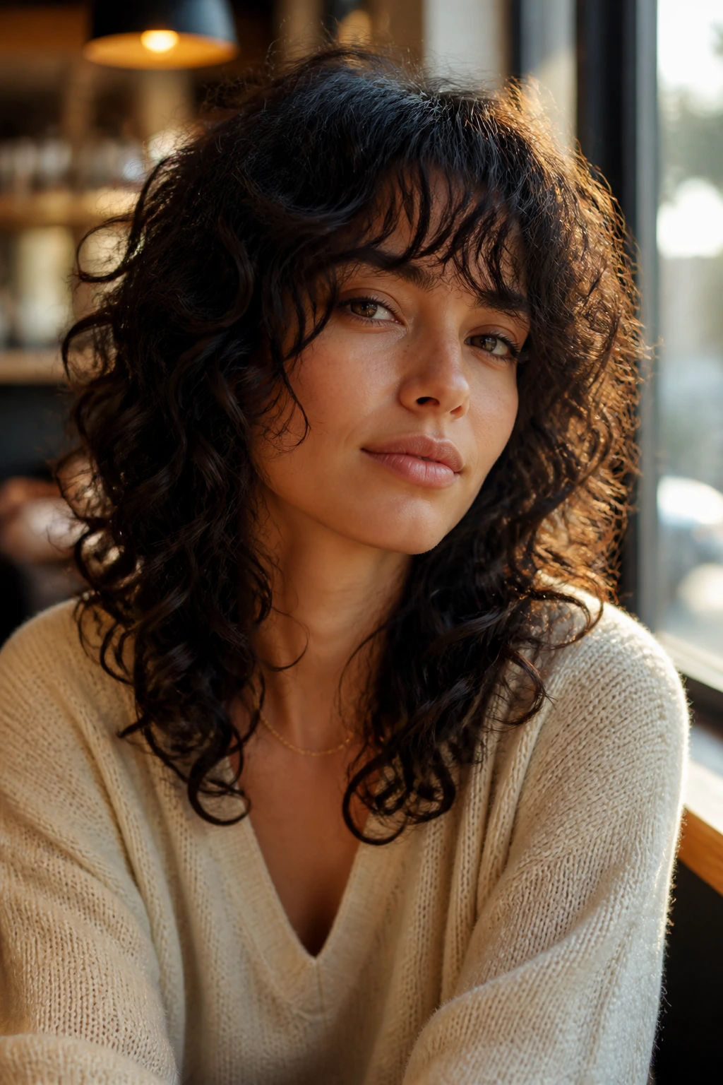 Close-up portrait of a real woman with curtain-bang curly shag.