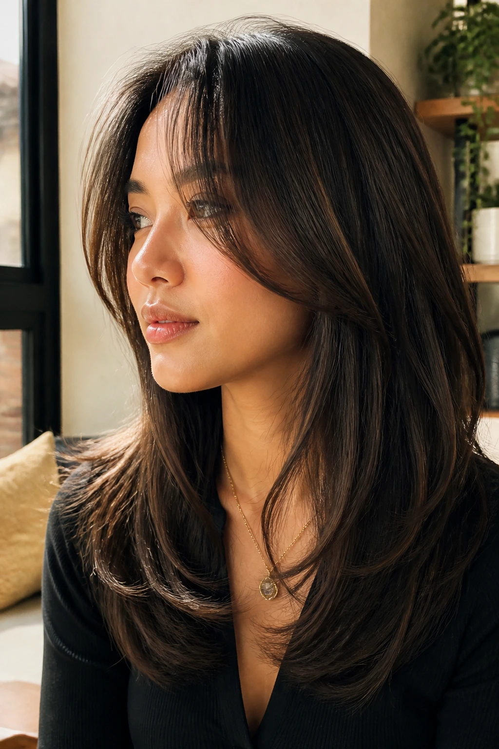 Real woman with curtain bang curve cut in warm indoor light
