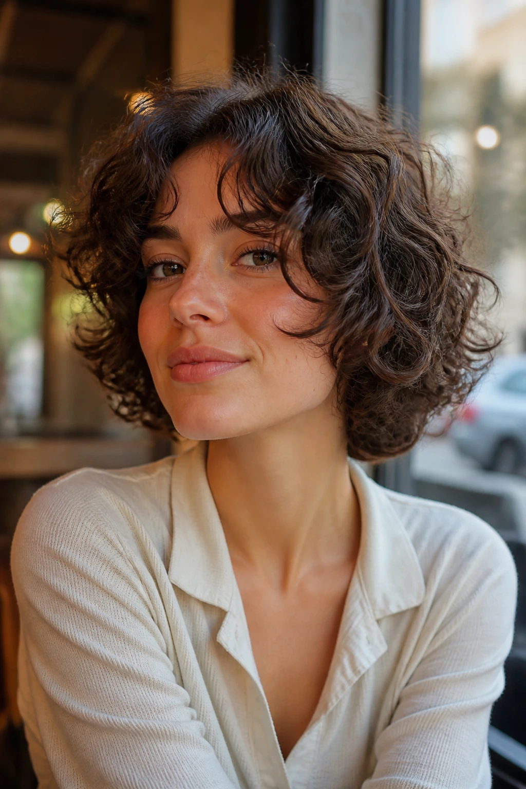 Close-up portrait of a real woman with curtain bangs curved into a rounded shape