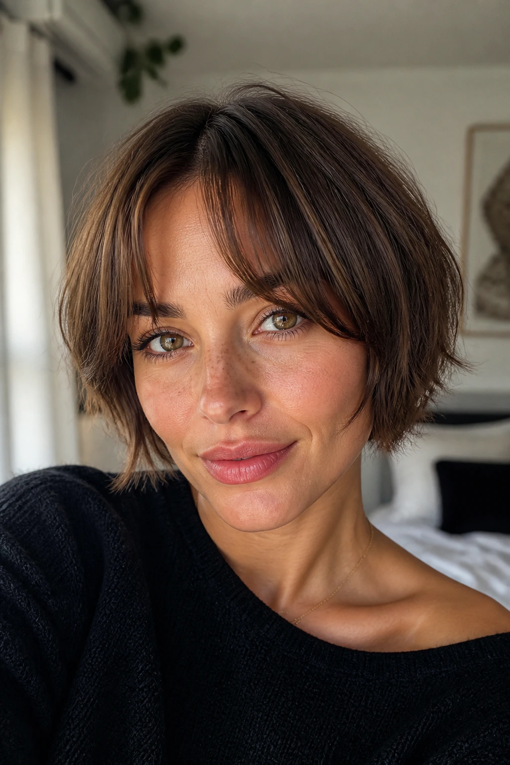 Close-up of a real woman with curtain bang cut and brow-length fringe