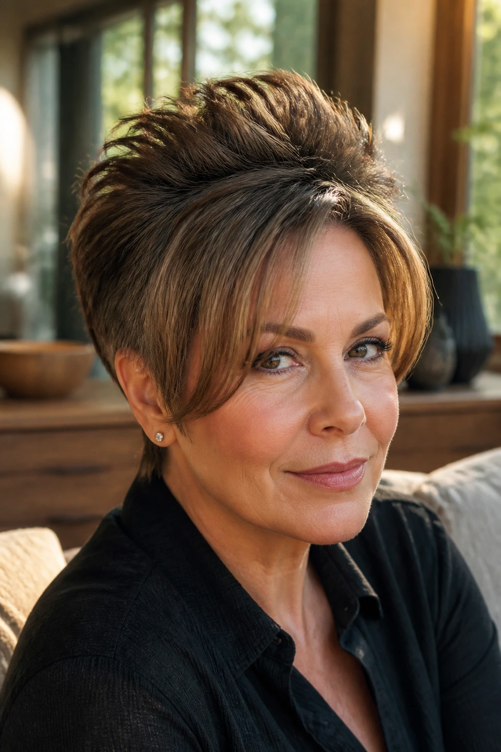 Close-up of a real woman with curtain bangs integrated into a lifted faux hawk.