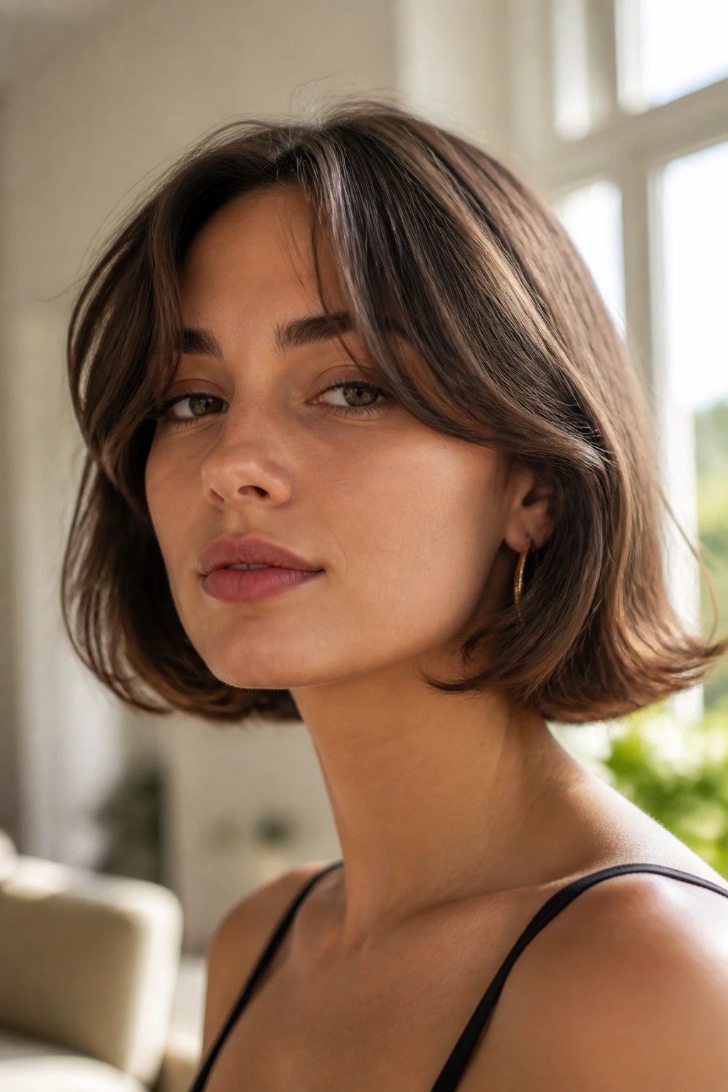 Close-up portrait of a real woman with curtain bangs French bob