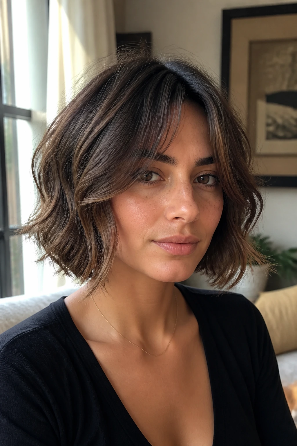 Portrait of a woman with curtain bangs and Italian bob