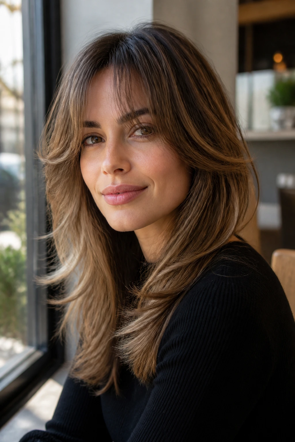 Three-quarter view of a real woman with curtain bangs blending into face-framing layers