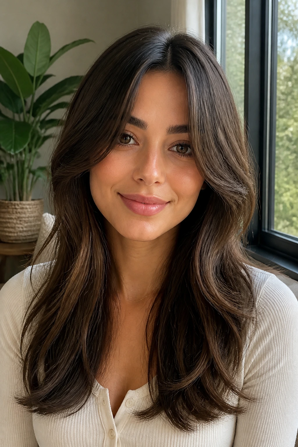 Close-up of a real woman with curtain bangs and center part