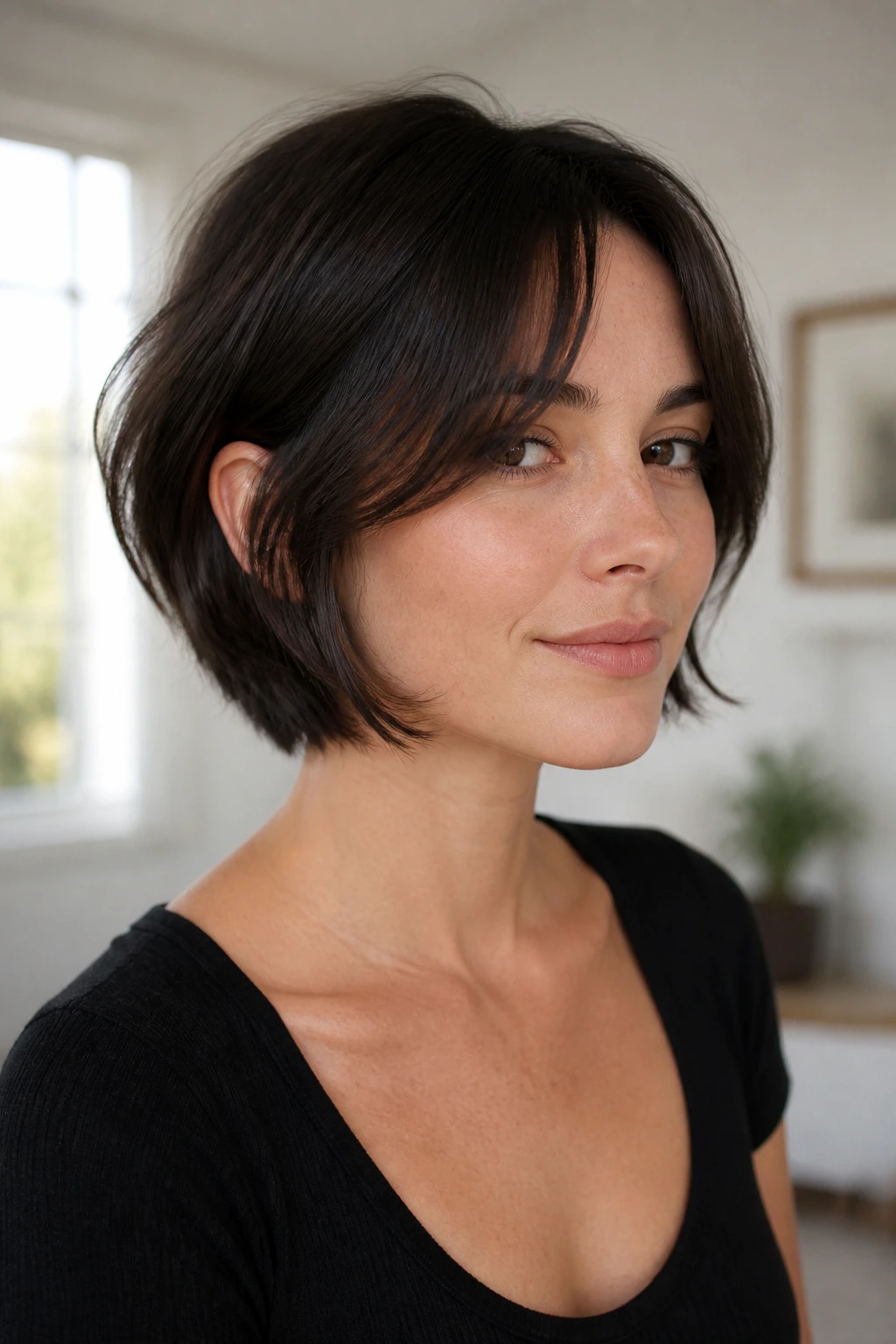 Real person with curtain bangs hitting at the cheekbone
