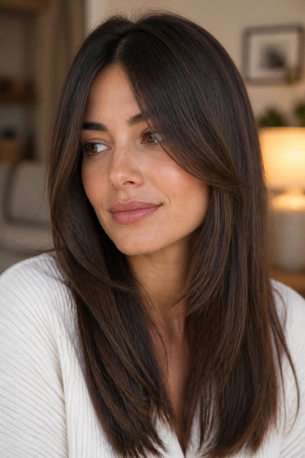 Portrait illustrating curtain bang length options with longer center piece.