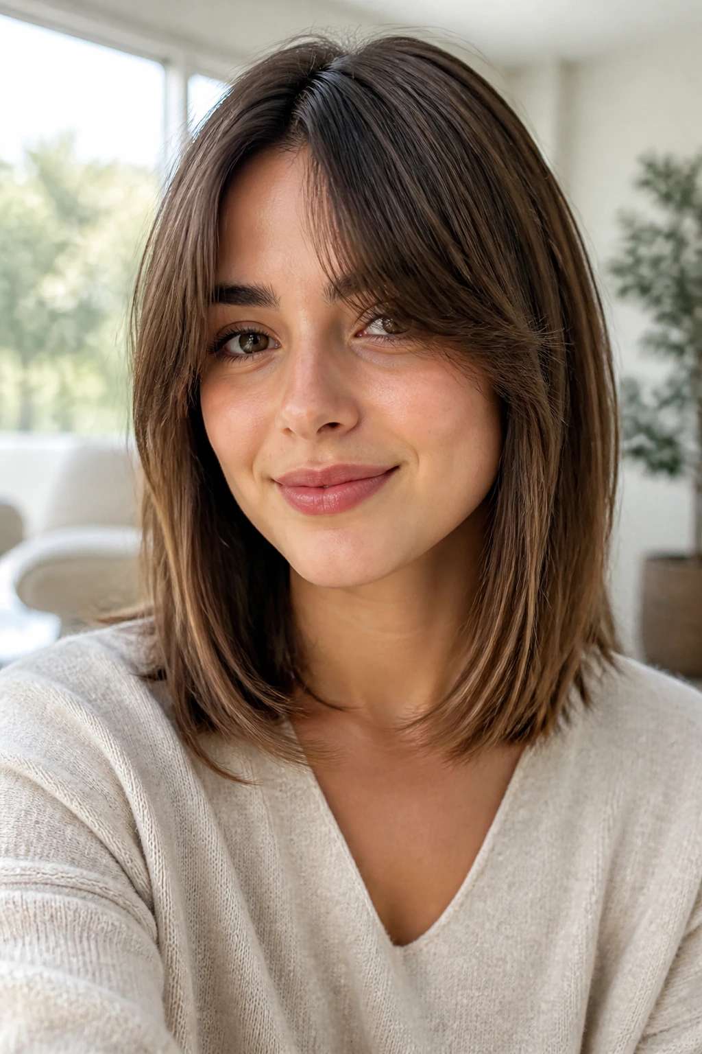 Portrait of a woman with curtain-bang lob framing cheeks with middle-split bangs