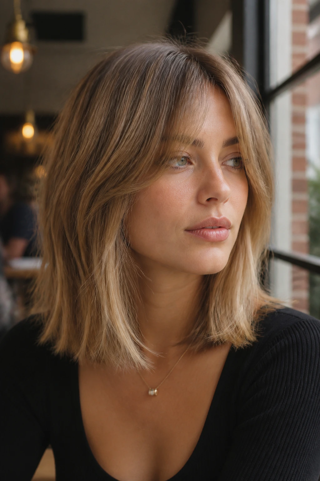 Close-up of a real woman with Curtain Bang Lob, bangs framing eyes