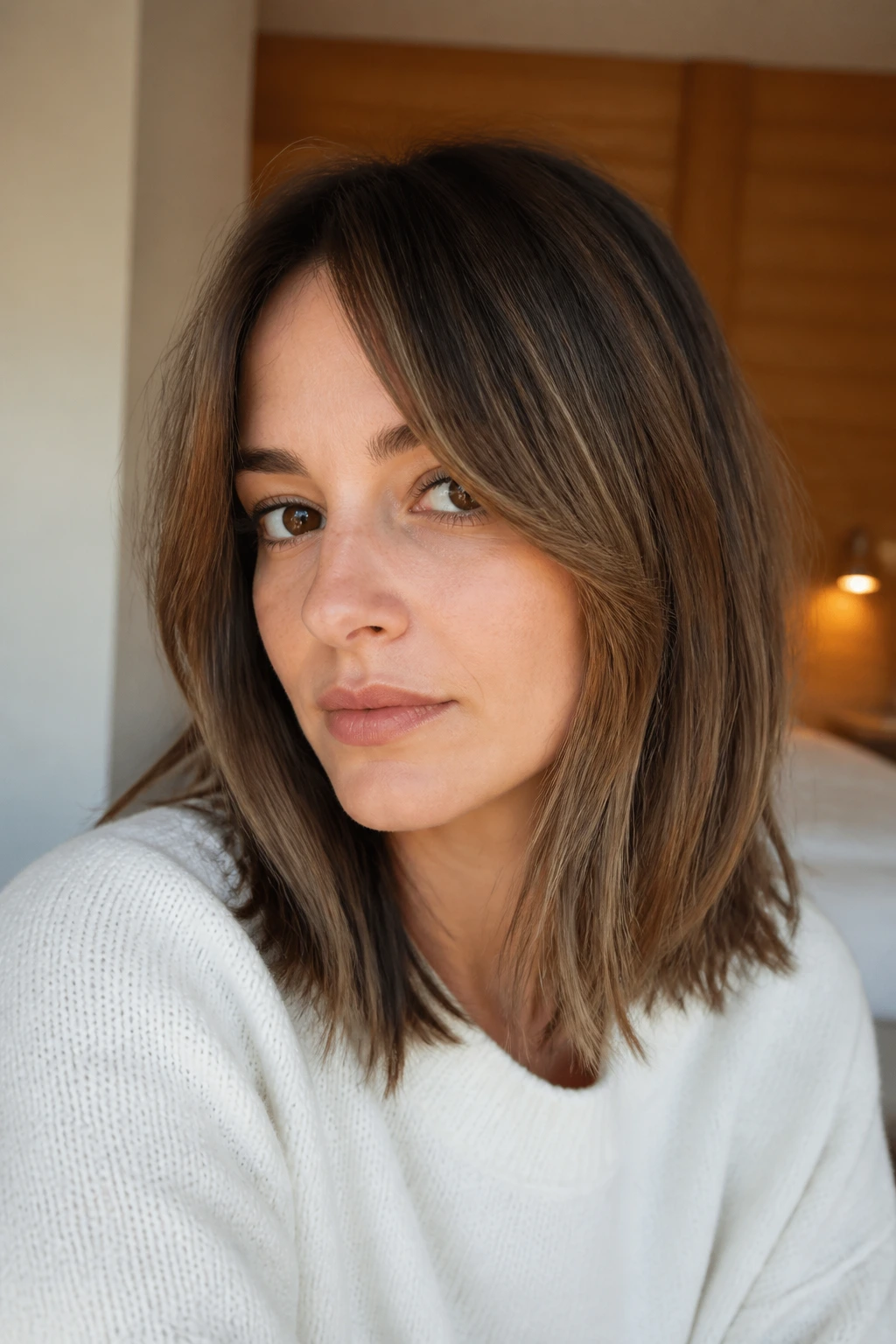 Close-up of a real woman with curtain bangs and a long lob in warm window light