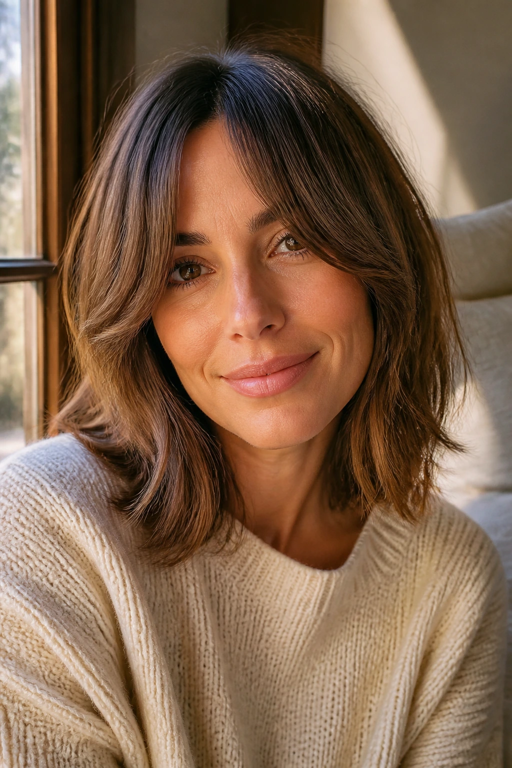 Real person with curtain-bang lob featuring middle-parted bangs sweeping to cheeks
