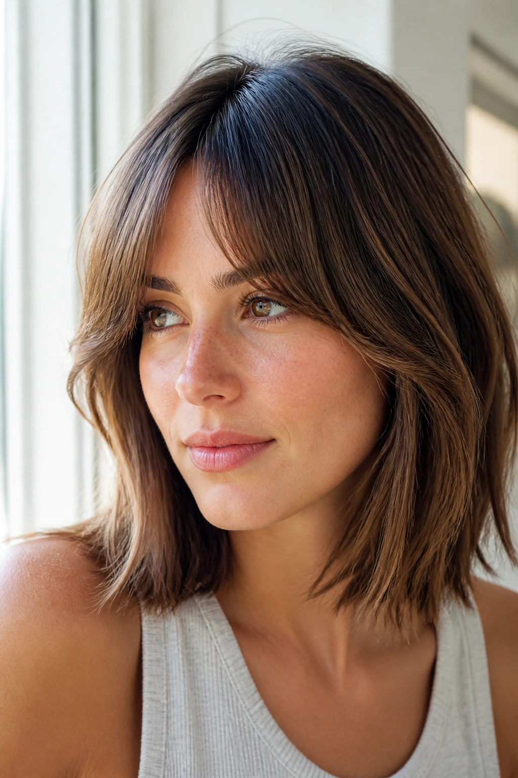 Portrait of a real woman with curtain-bang lob and soft center opening