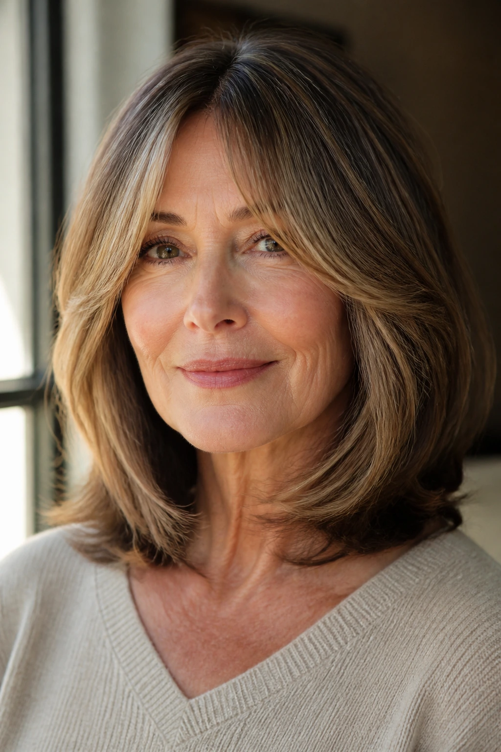 Close-up of real woman with curtain bangs and face-framing pieces in warm window light