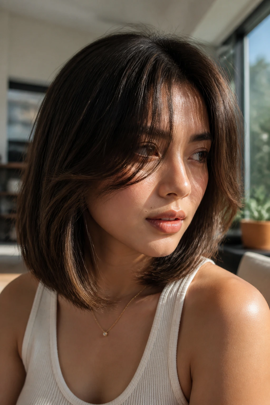 Close-up of a real woman with curtain bangs and collarbone lob in sunlit room.