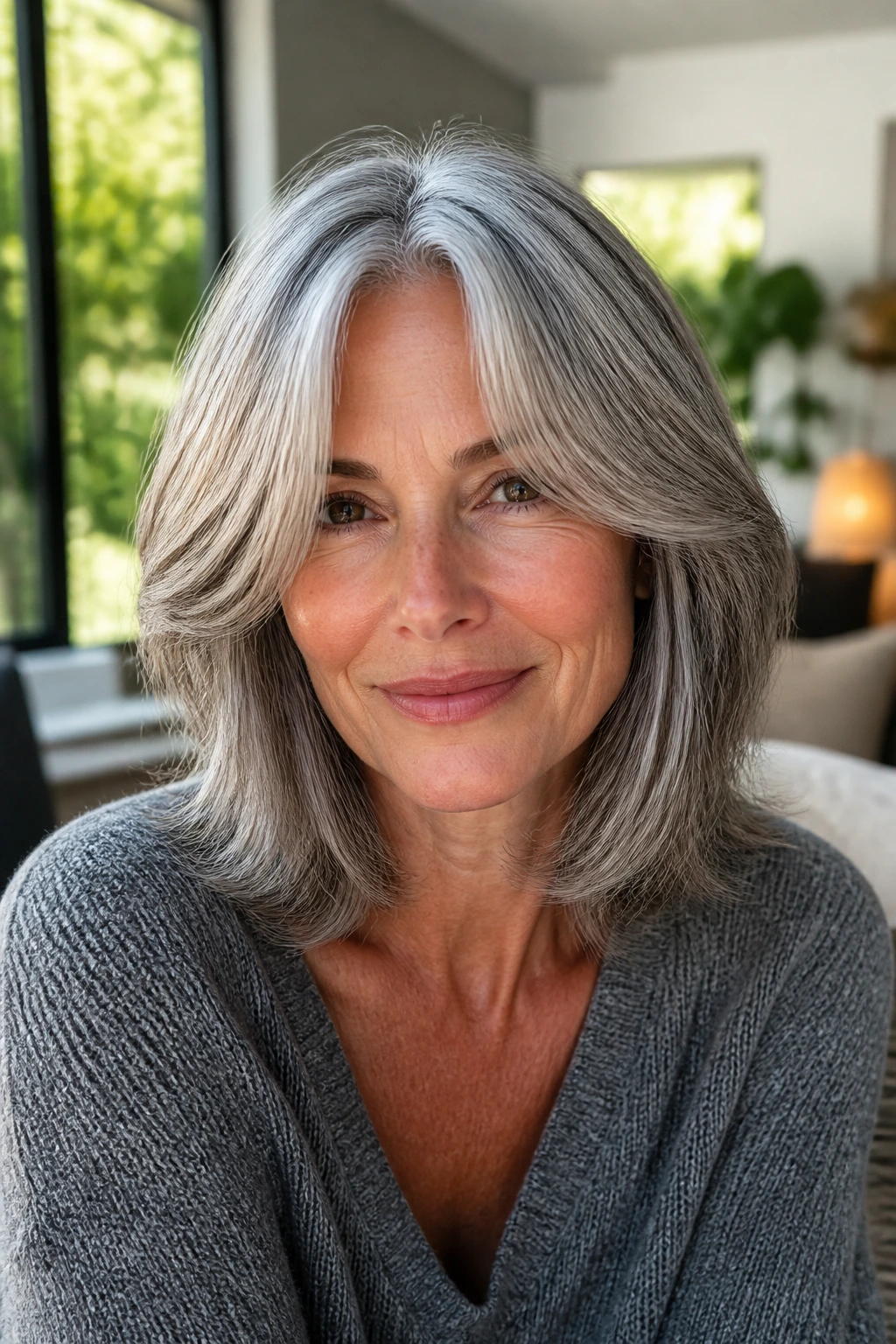 Close-up of a real woman with silver-gray curtain bangs and a lob hairstyle.