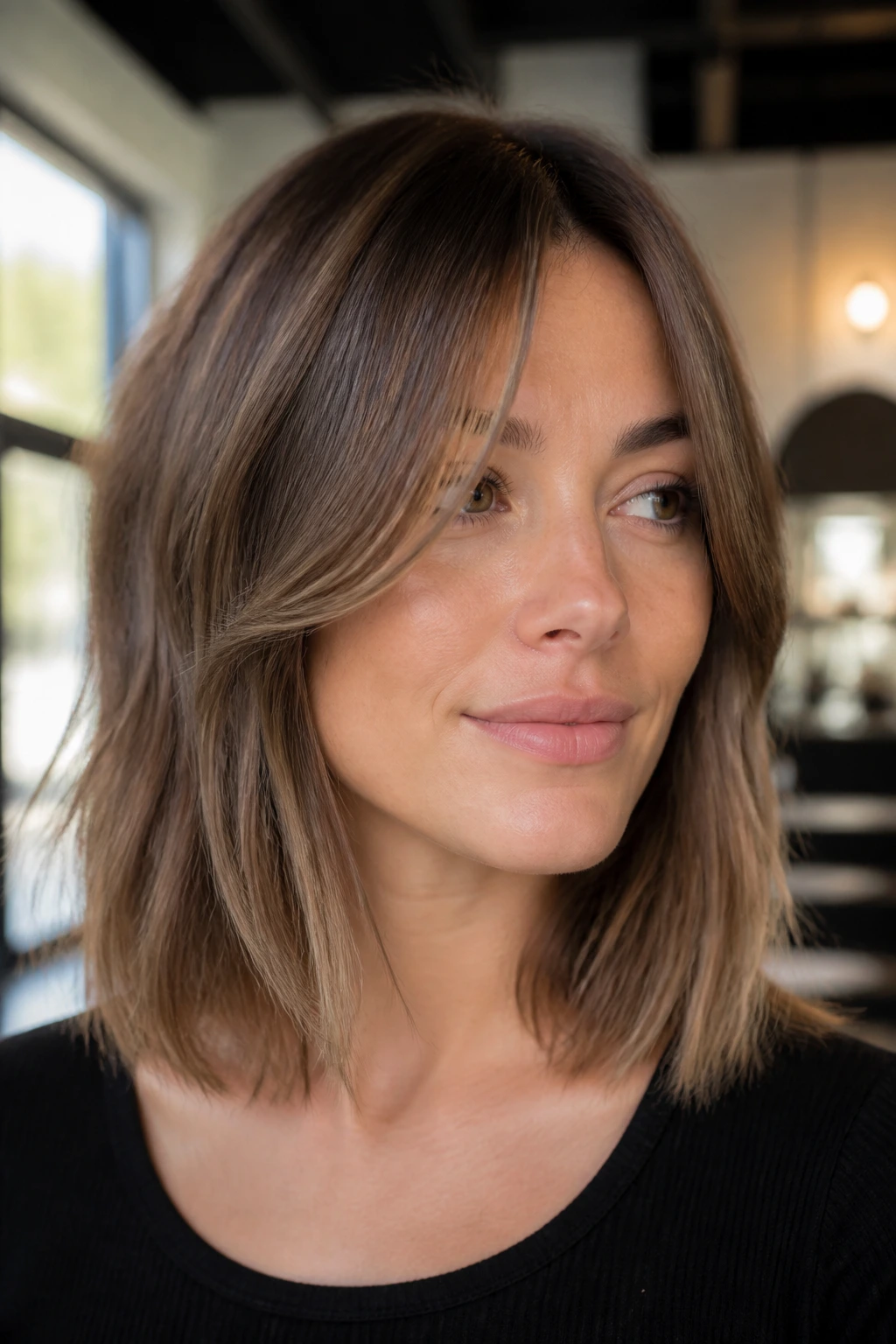 Close-up of a real woman with curtain bangs integrated into a lob hairstyle