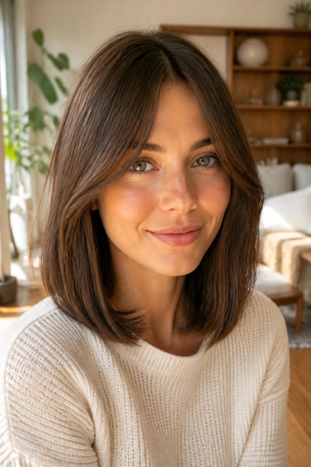Close-up of a real woman with curtain bangs lob softening the front