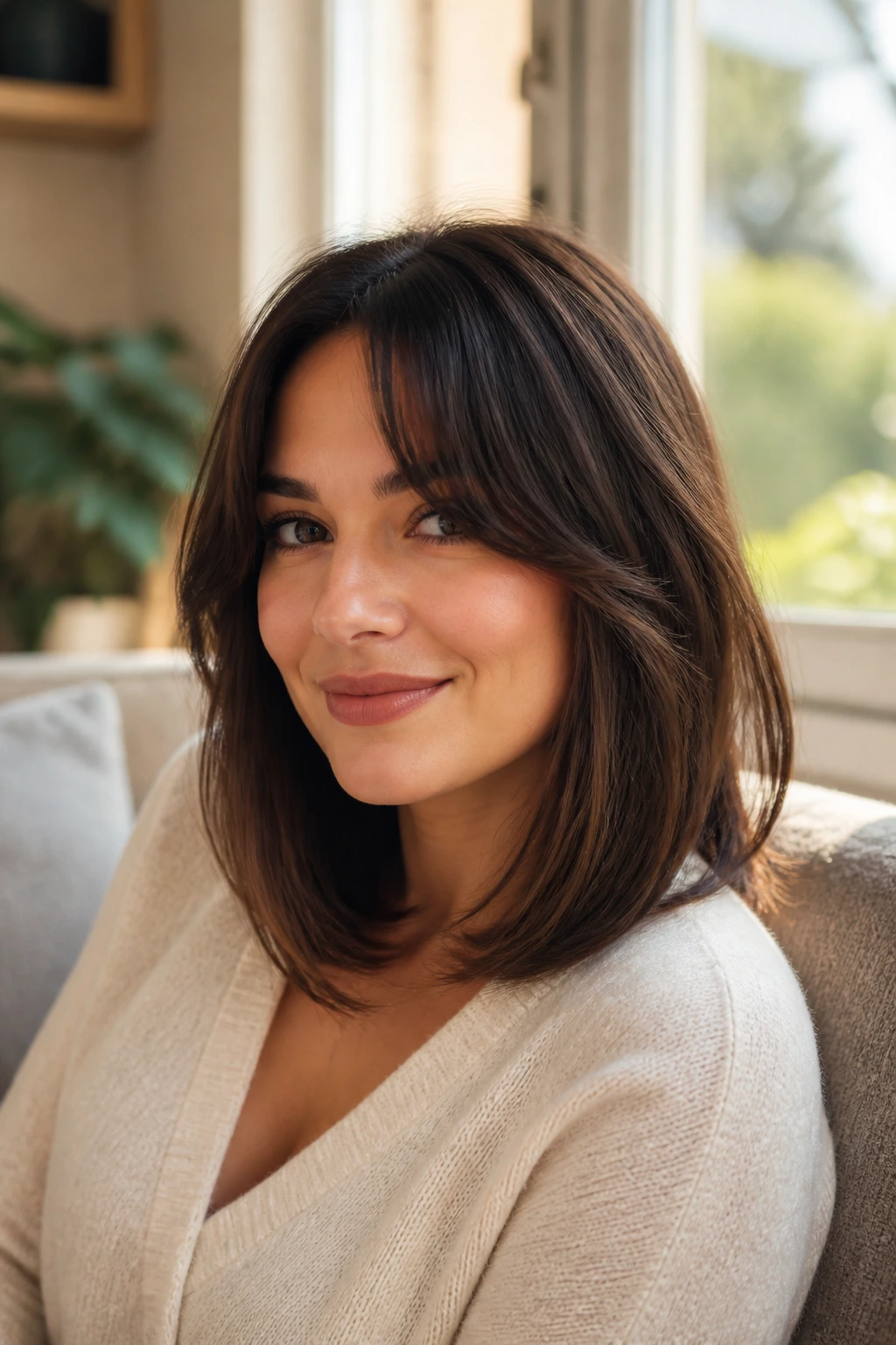 Close-up portrait of a real person with curtain bang lob hairstyle.