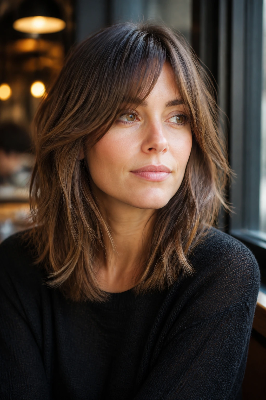 Close-up of a woman with curtain-bang lob and integrated front pieces.