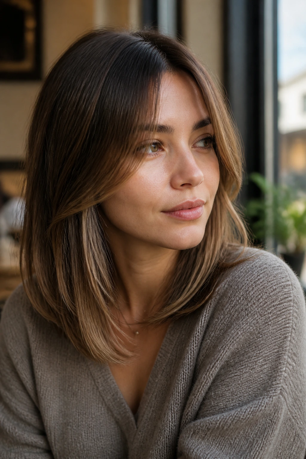 Portrait of a real woman with curtain bangs and long front layers in a soft lob