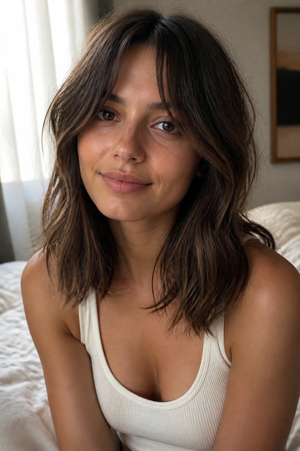 Portrait of a real person with curtain bangs and air-dried bend in natural light