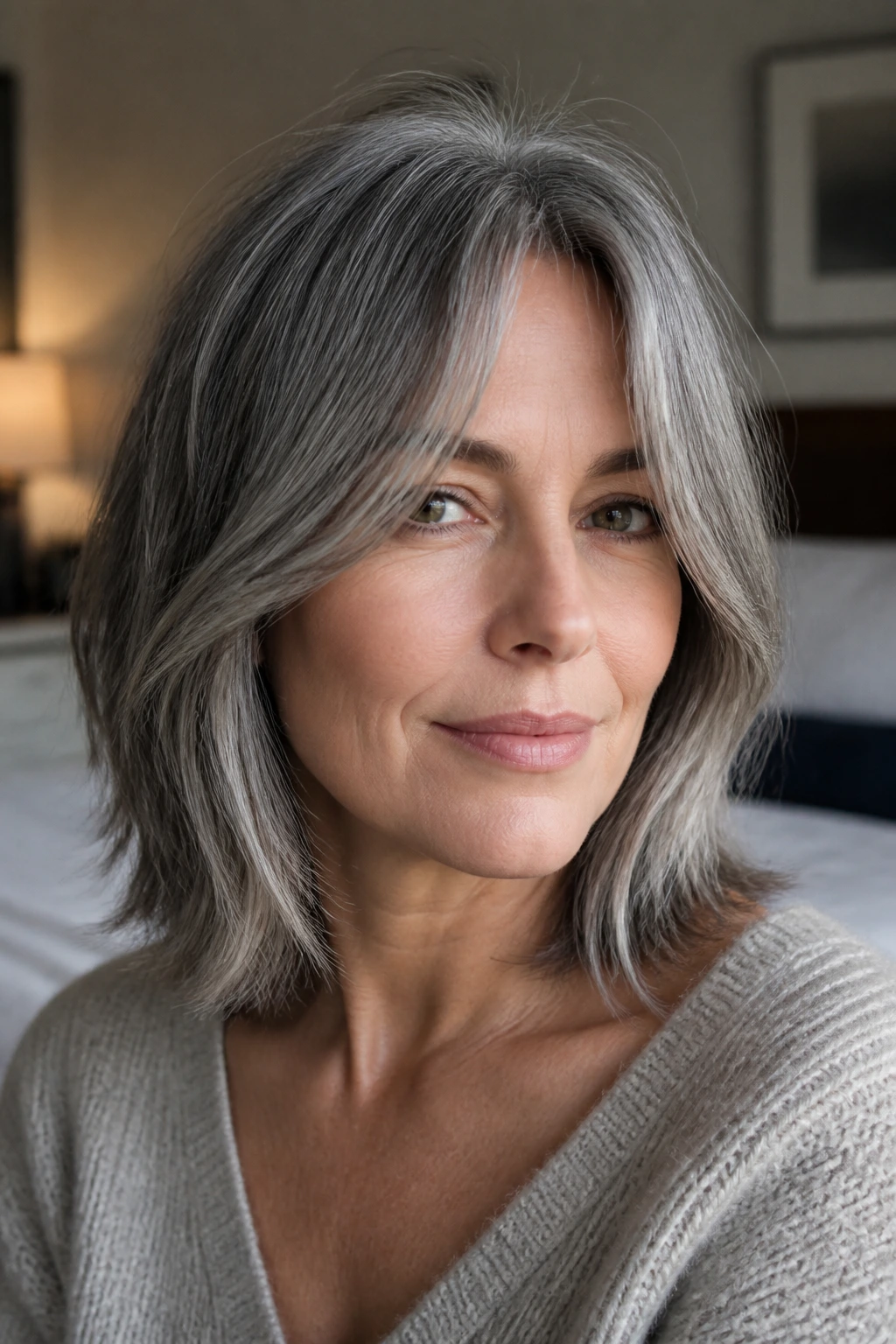 Close-up of curtain bang lob in pewter gray on a real person