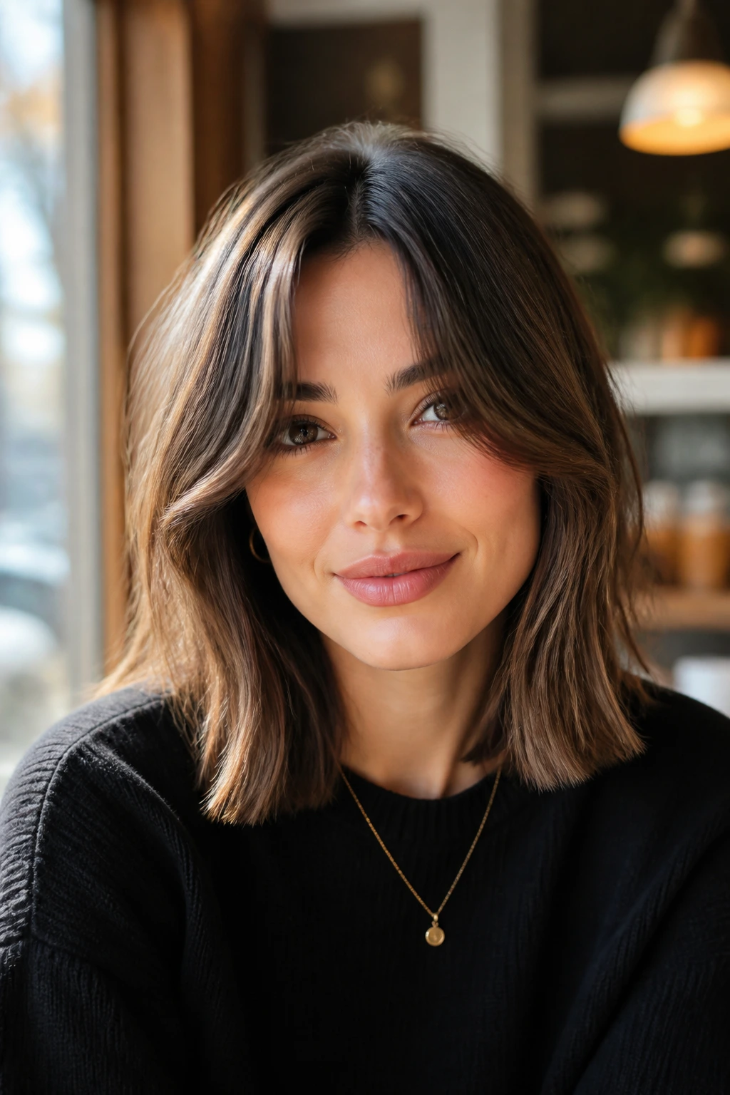 Real person wearing curtain bang lob in cozy cafe light
