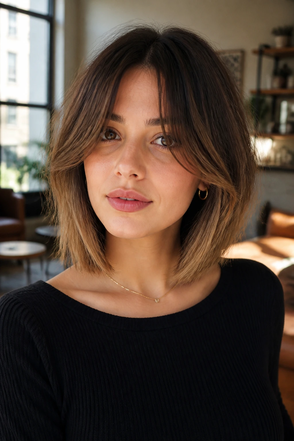 Portrait of a real person with a curtain-bang lob hairstyle.