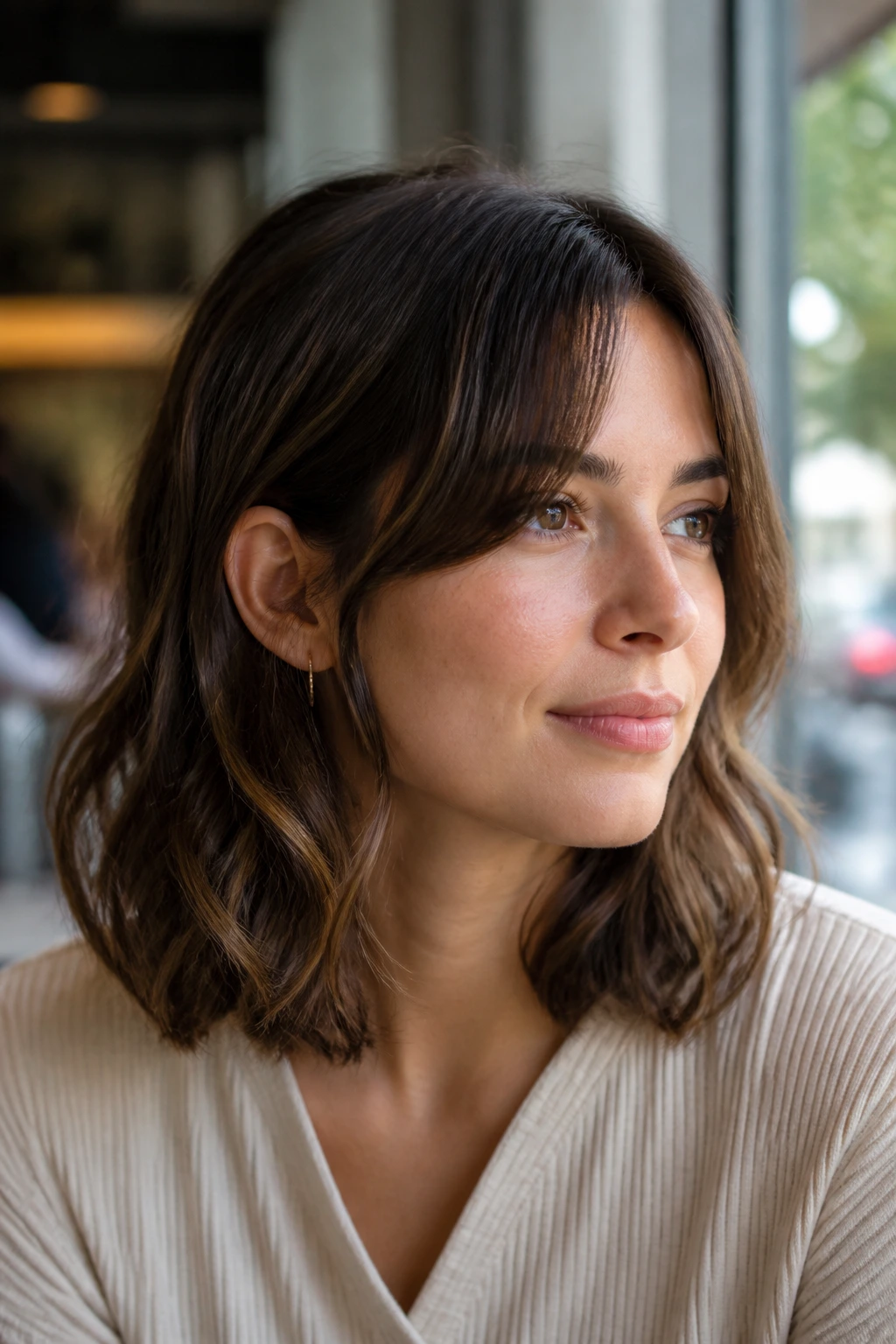 Close-up of a real woman with curtain bangs and wavy lob framing the face