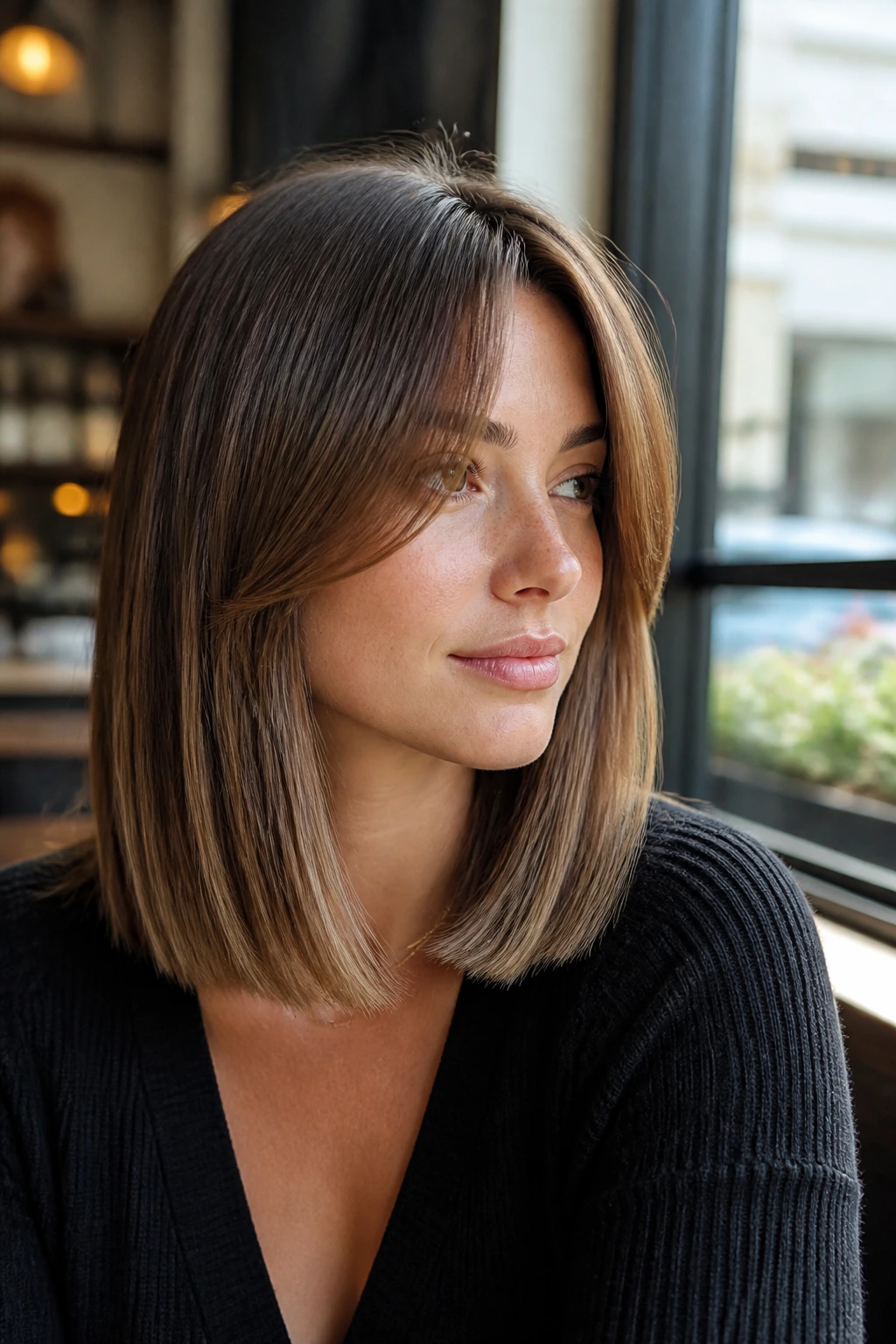 Portrait of a woman with curtain bangs blending into a straight lob.