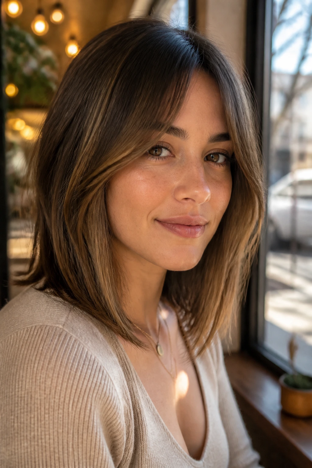 Portrait of a real woman with curtain-bang lob, angled sides and natural highlights under warm light