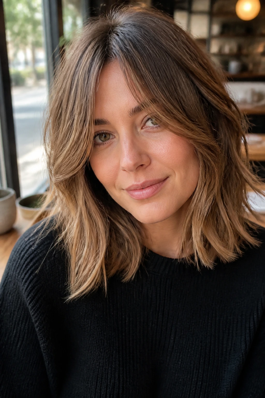 Close-up of real person with curtain-bang lob shag in warm daylight
