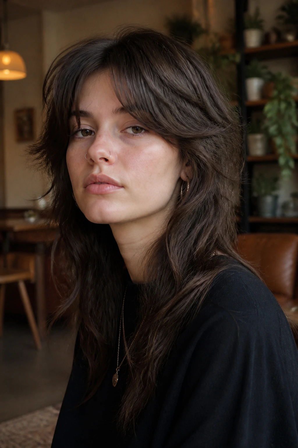 Portrait of a real person with curtain bangs and mullet in a cozy indoor setting