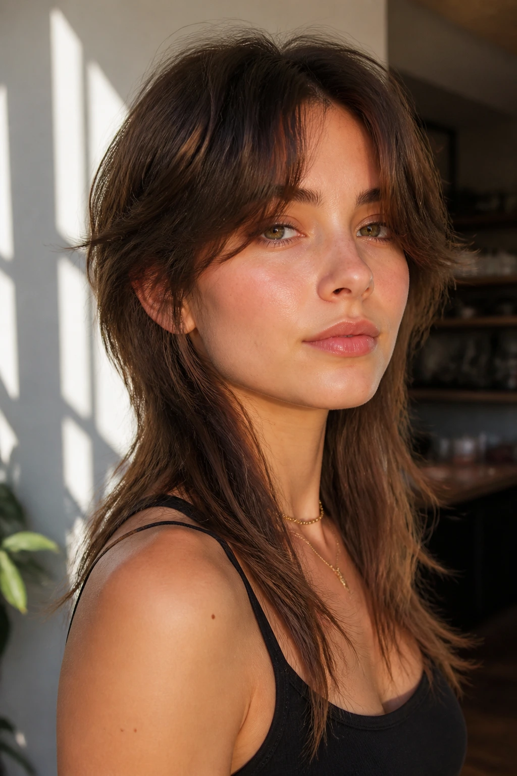 Close-up portrait of a woman with curtain bangs and soft jawline mullet