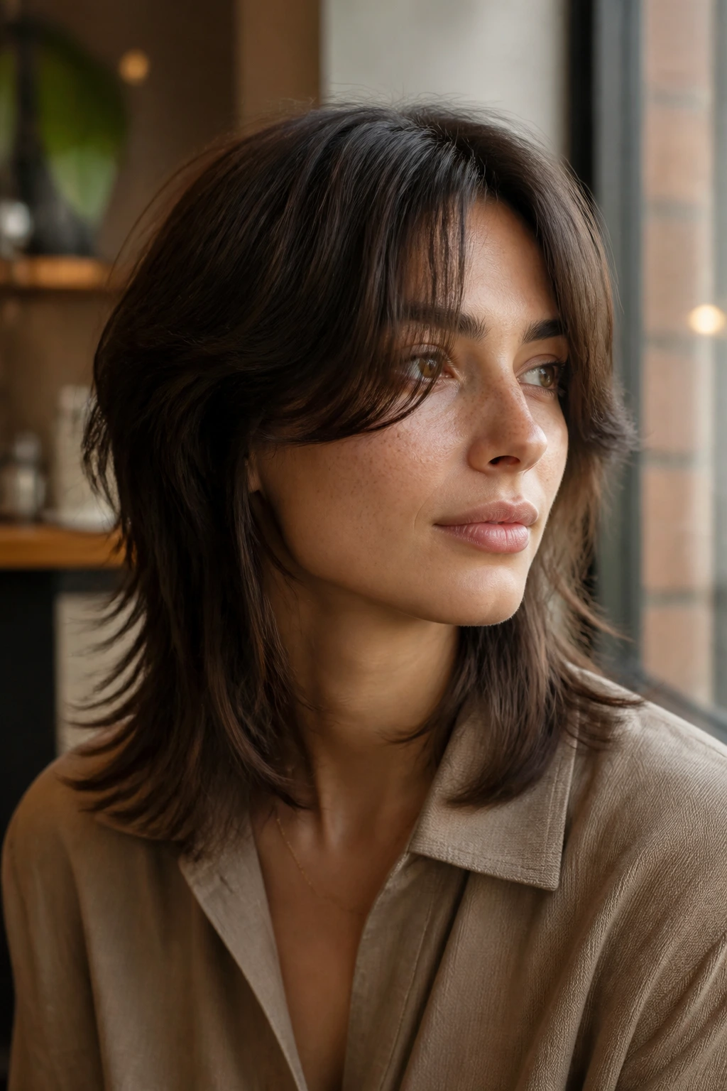 Close-up portrait of a real person with long curtain bangs mullet in cafe window light