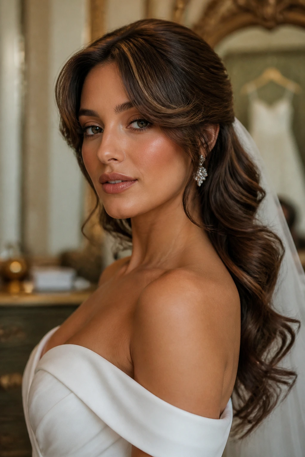 Bride with curtain-bang mullet and old-Hollywood waves, close-up