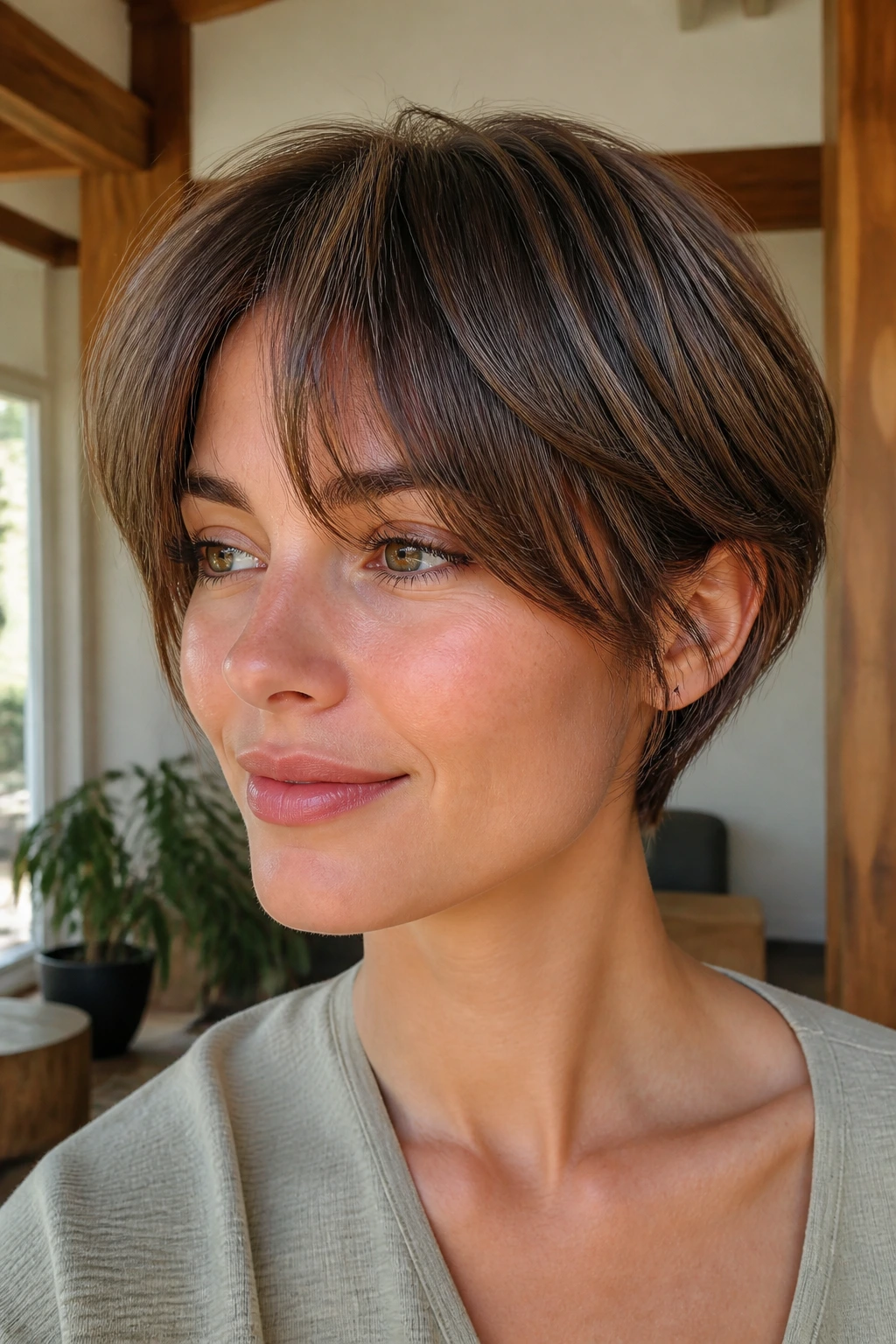 Portrait of real woman with wispy curtain-bang pixie bob